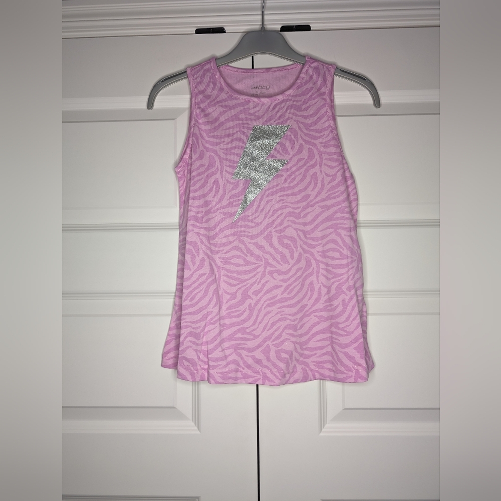 NWT bcg Girls Large 12-14 Tanktop Sweet Lilac Pink Zebra Design with Lightning
